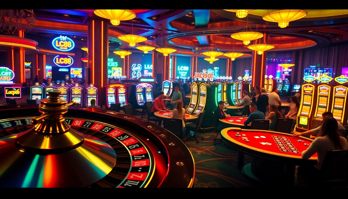 LC88 Jackpot spins excitement at a sprawling casino with poker tables and roulette.